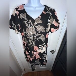 Nicole Miller Women’s Large Linen Ruffle Floral Black Pink Shift Dress L Spring